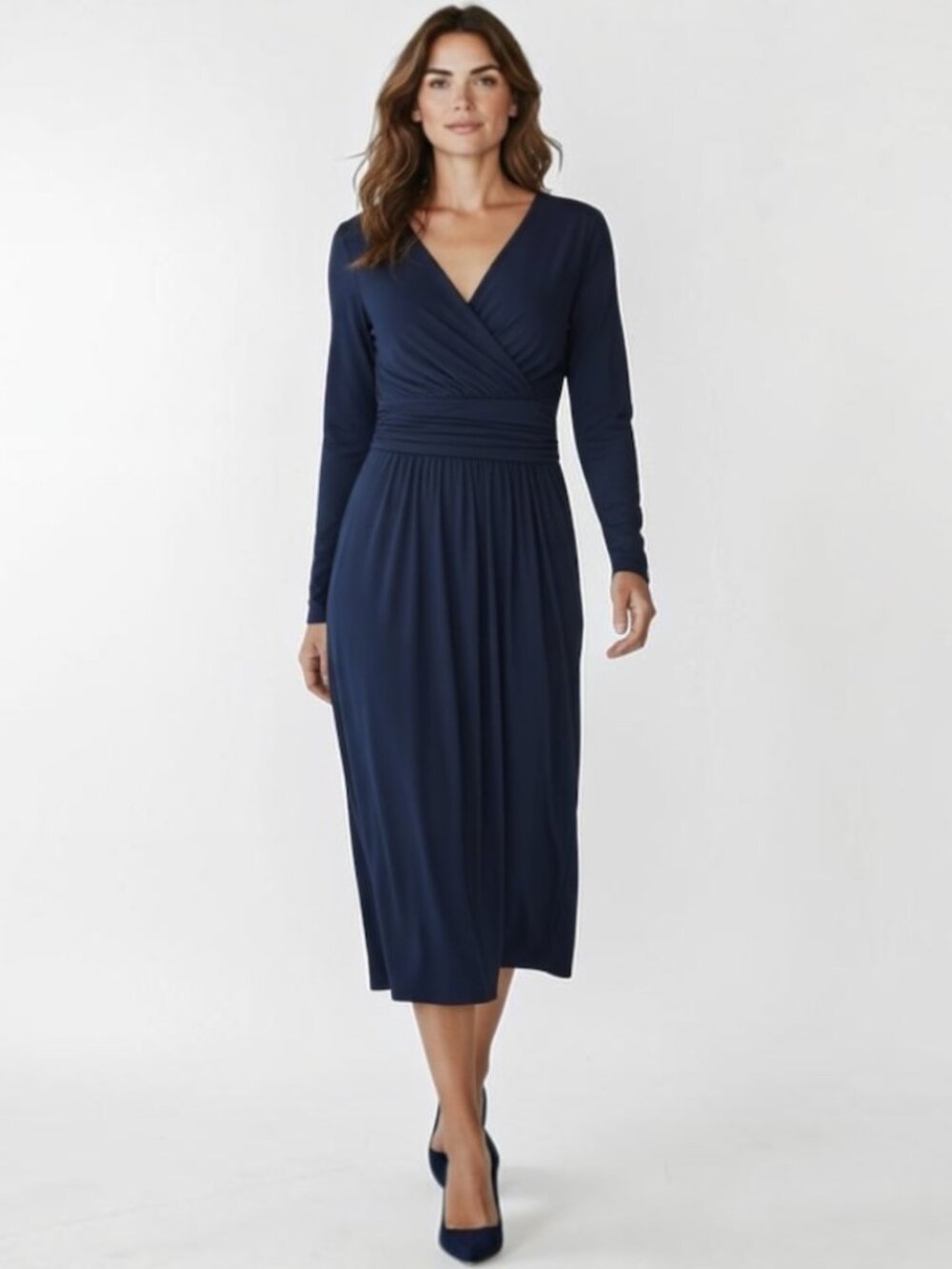 Lauren Ralph Lauren Navy Faux-Wrap Long Sleeve Dress